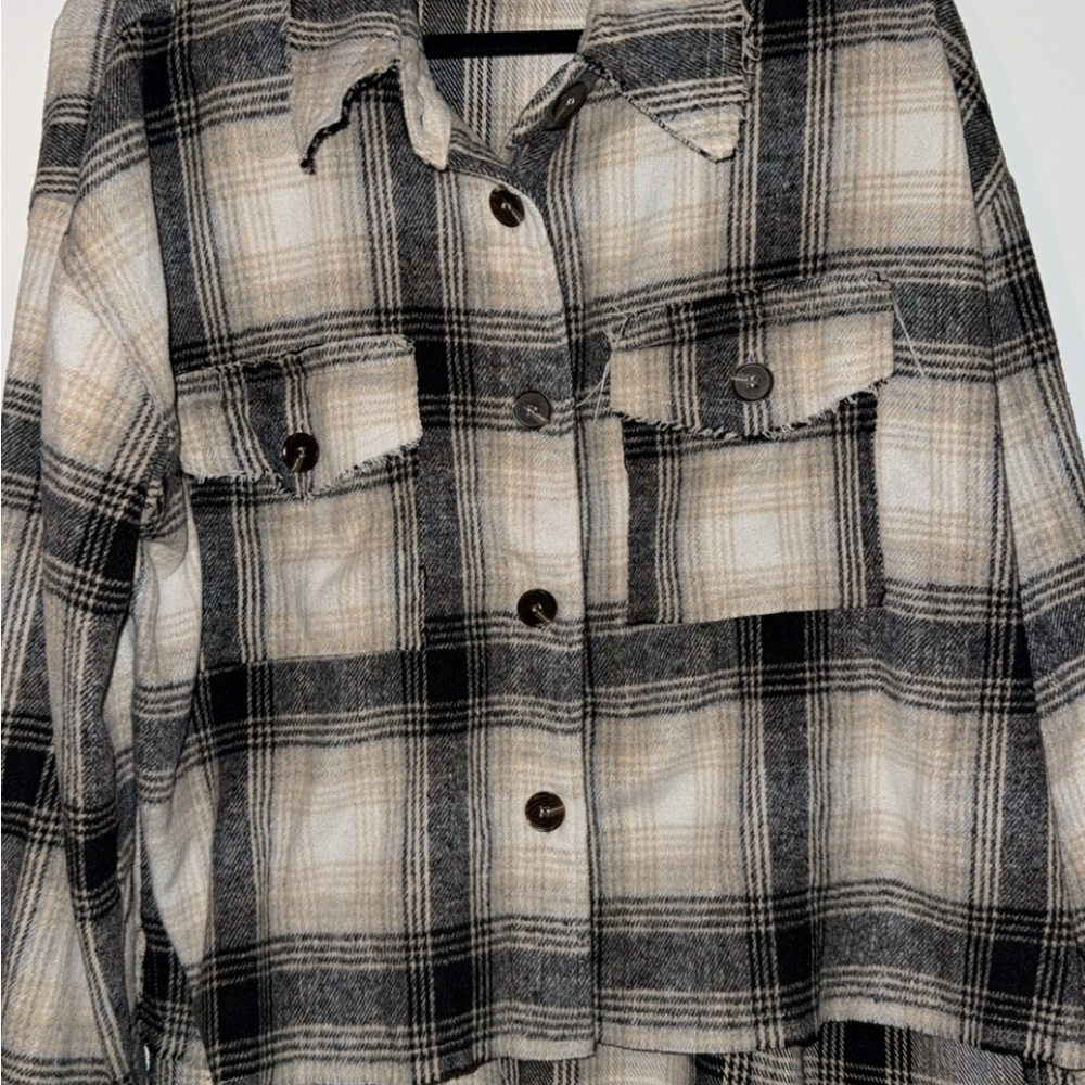 Plaid Button-Up Shirt - Black and Cream
